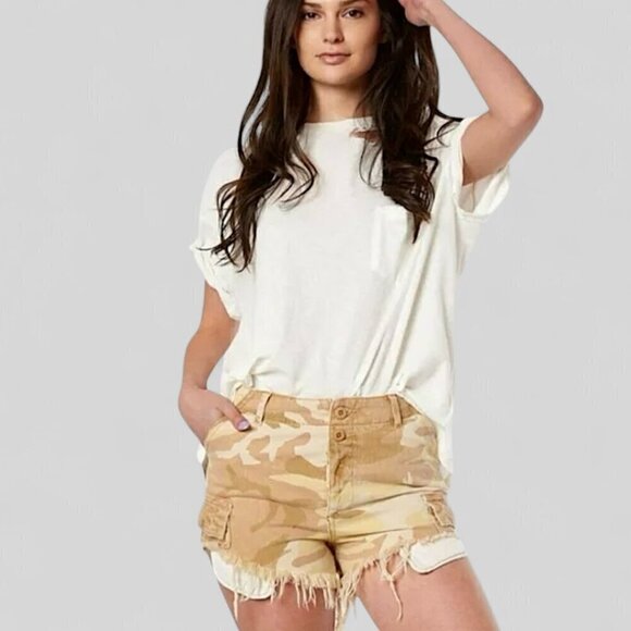 WE THE FREE Free People Commando Yellow Camo Denim Cargo Utility Frayed Shorts - Picture 1 of 9